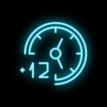 Neon clock showing plus twelve hours time management concept Stock Illustration
