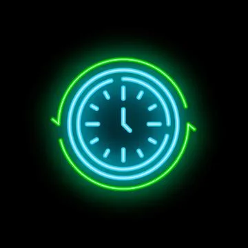 Neon clock showing recurring event on black background Stock Illustration