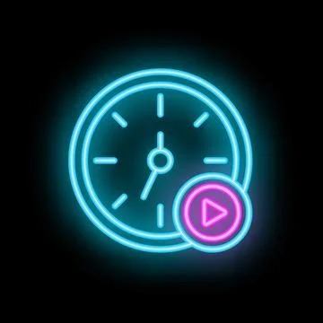 Neon clock showing starting time with play button icon Stock Illustration