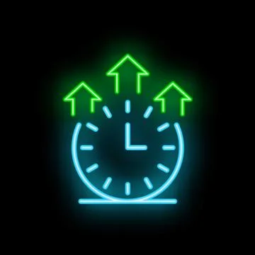 Neon clock showing time increasing concept with arrows up Stock Illustration