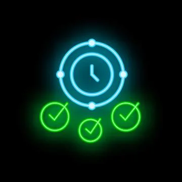 Neon clock showing time management with check marks symbolizing completion Illustrazione stock