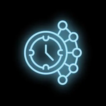 Neon clock showing time management with network connection icon Stock Illustration