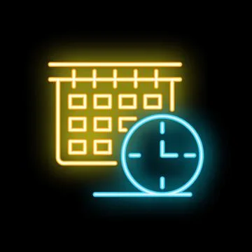 Neon clock showing time over calendar grid icon Stock Illustration