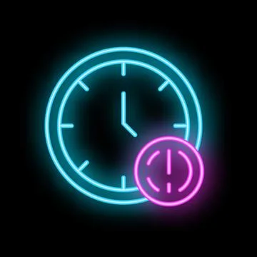 Neon clock showing time passing with power button icon Illustrazione stock