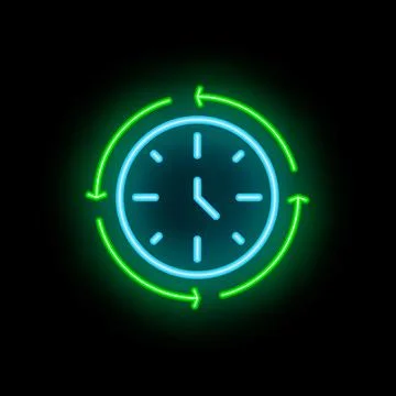 Neon clock showing time passing with green arrows on black background Stock Illustration