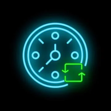 Neon clock showing time passing with two way synchronization arrows イラスト素材