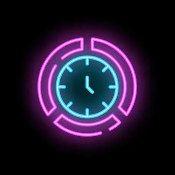 Neon clock showing time passing quickly on black background Stock Illustration