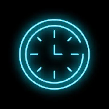 Neon clock showing time passing on black background Illustrazione stock