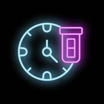 Neon clock showing time passing with medical pill bottle icon Stock Illustration