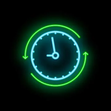 Neon clock showing time passing with rotating arrows Stock Illustration
