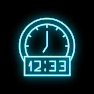 Neon clock showing time passing on black background 스톡 일러스트