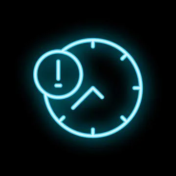 Neon clock showing time running out with exclamation point warning sign Stock Illustration