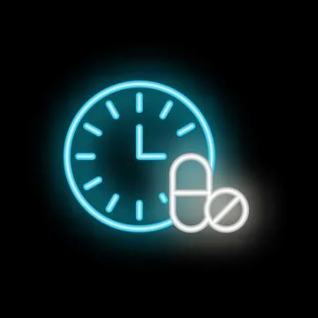 Neon clock showing time to take medicine pills Stock Illustration