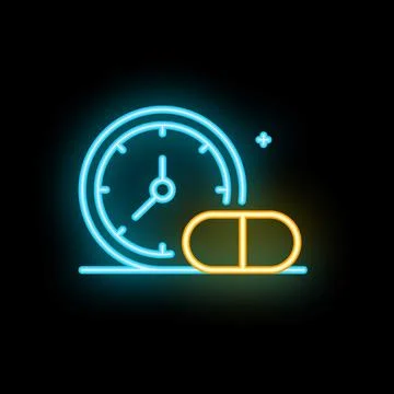 Neon clock showing time to take medication with pill icon Stock Illustration