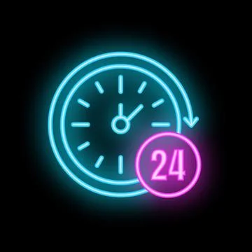 Neon clock showing twenty four hours open sign on black background Stock Illustration