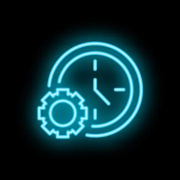 Neon clock symbolizing time management with gear icon Stock Illustration