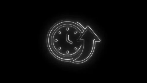 Neon clock with upward arrow glowing on icon black background representing time Stock Footage 333961296