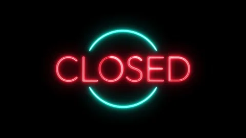 Neon closed sign flickering with blue circular border on black background Stock Footage 345323669