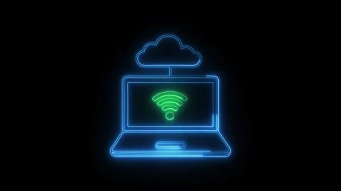 Neon cloud computing and wi-fi connectivity concept on laptop screen loop Stock Footage 333757628