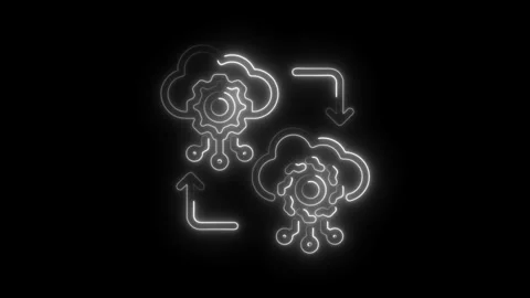 Neon cloud computing data sync concept animation on black background Video stock 308191250
