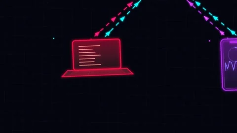 Neon Cloud Computing Data Sync Between Laptop And Smartphone Stock Footage 340794493