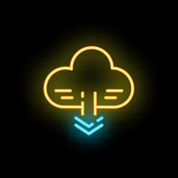 Neon cloud computing download icon on black background Illustrazione stock