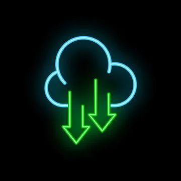 Neon cloud computing download symbol on black background Stock Illustration