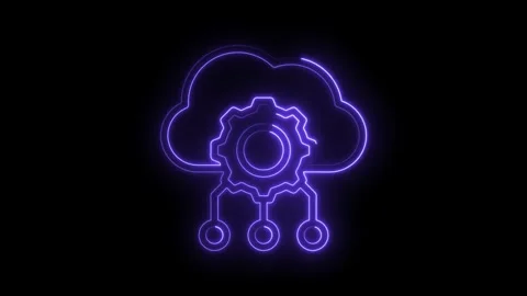 Neon cloud computing gear icon with data connections glowing purple on black Stockbeeldmateriaal 333951490