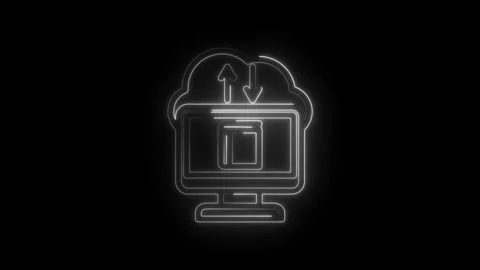Neon cloud computing icon with computer screen and upload download arrows Stock Footage 333956391