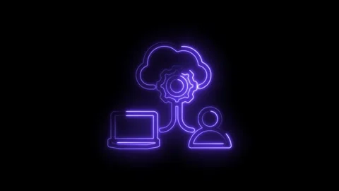 Neon cloud computing icon with gear and laptop connected to user symbol digital Stock Footage 333958030