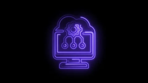 Neon cloud computing icon with gear and circuit connections glowing purple on Stock Footage 333967179