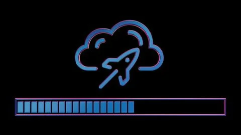 Neon Cloud Computing Icon with Loading Bar on Black Background.. Illustrazione stock