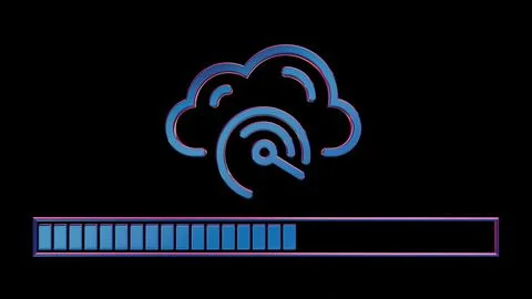 Neon Cloud Computing Icon with Loading Bar on Black Background.. Illustrazione stock