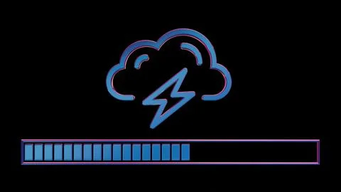 Neon Cloud Computing Icon with Loading Bar on Black Background.. Illustrazione stock