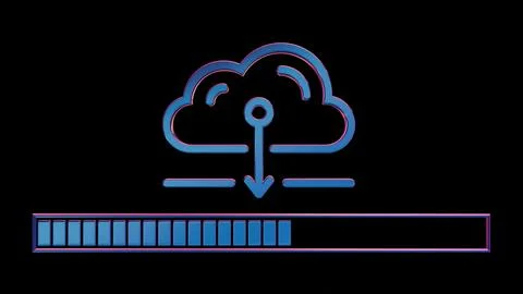 Neon Cloud Computing Icon with Loading Bar on Black Background.. Stock Illustration