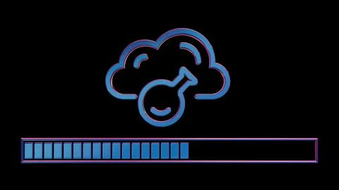 Neon Cloud Computing Icon with Loading Bar on Black Background.. Illustrazione stock