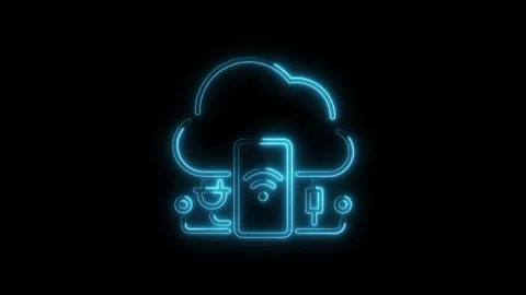 Neon cloud computing icon with smartphone,electrical plug and server connec.. Stock Footage 314542594