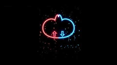 Neon cloud computing icon with upload download arrows glows against digital.. Stock Footage 346280512