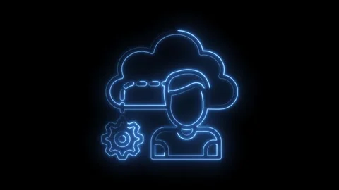 Neon cloud computing icon with user profile and gear on black background Stock Footage 322961982