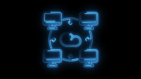 Neon cloud computing network animation of computers connected to cloud tech.. Stock Footage 308903736