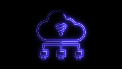 Neon cloud computing network with connected desktops for data storage and d.. Stock Footage 314540103