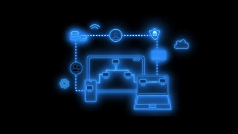 Neon cloud computing network with connected devices animation Stock Footage 336887828