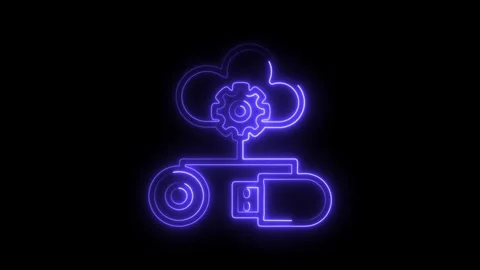 Neon cloud computing network connecting to usb storage and settings gear ic.. Stock Footage 314651056
