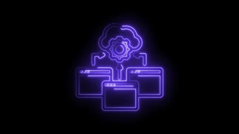 Neon cloud computing network data transfer processing gear icon animation a.. Stock Footage 346122018