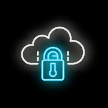 Neon cloud computing security icon with padlock protecting data 스톡 일러스트