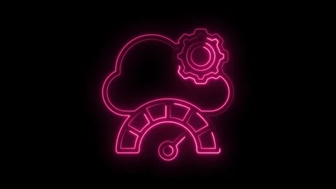 Neon cloud computing speed meter and gear glowing pink on black background .. Stock Footage 346014140