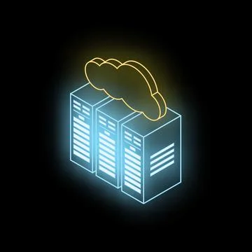 Neon cloud computing symbol representing server room, data storage, and proce 스톡 일러스트