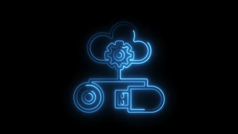 Neon cloud computing technology connecting to external storage with gear co.. Stock Footage 314651060