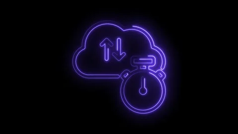 Neon cloud computing with upload download arrows and stopwatch icon on black Stock Footage 346003561