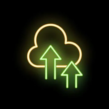 Neon cloud computing uploading arrows sign on black background Stock Illustration